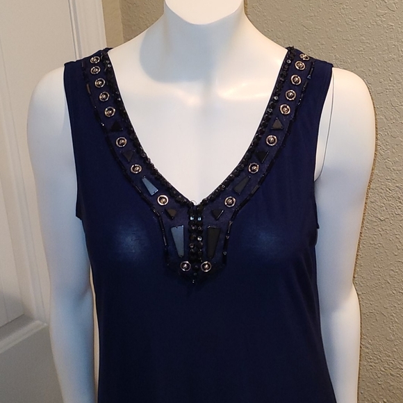 PerSeption Concept Dress Womens S Blue Embellished V-neck Sheer Sharktooth Hem - Picture 4 of 7